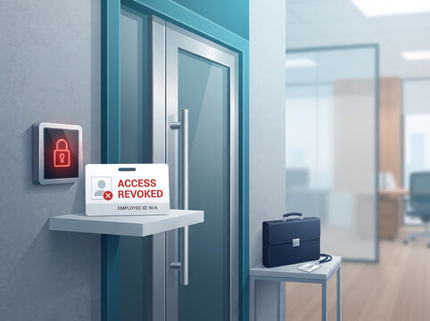 Fired employee access revoked at secure modern office entrance