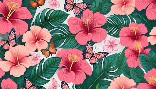 pink tropical hibiscus flowers seamless pattern with butterflies and exotic leaves vibrant floral background design