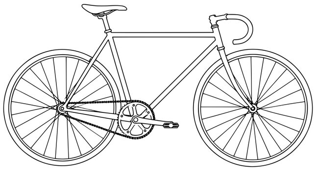 Black outline vector icon of a single speed track bicycle with drop handlebars and thin spoked wheels plus chainring and chain drawn in medium uniform lines viewed from the drive side