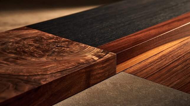 Macro close up of interlocking wood and stone material samples, walnut burl grain, teak planks and warm concrete, soft raking golden light for furniture design,Artemis titanium style