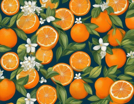 seamless orange citrus pattern with sliced fruits green leaves and white blossoms for packaging and background design