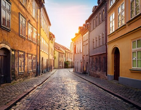 cobblestone street in european town at sunrise empty road through historic buildings urban scene old town architecture travel destination morning light tranquil streetscape