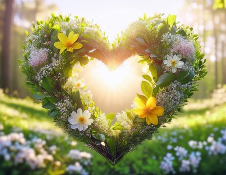 vibrant floral heart wreath with radiant light lush greenery and spring flowers