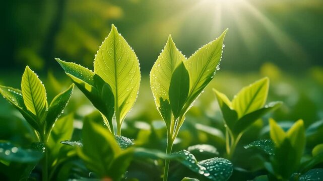 Sunlit Green Leaves with Dew Drops 4K Generative AI