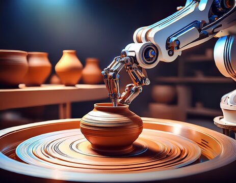 robotic arm crafting clay pot on potter s wheel ai automation in traditional craft