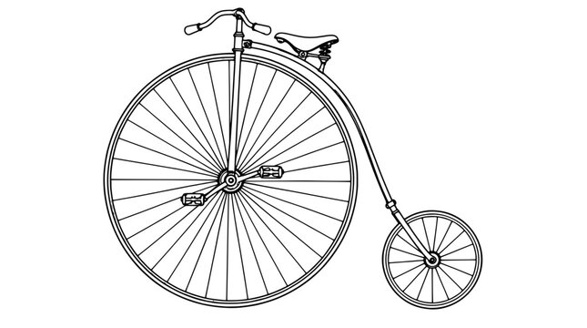 Black outline vector icon of a penny farthing bicycle with oversized spoked front wheel, small rear wheel, sprung saddle and curved backbone drawn with thin lines in side view evoking historic spirit