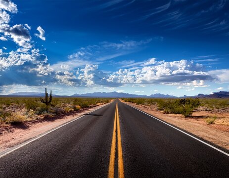 empty road through the arizona desert with expansive clouds and blue sky