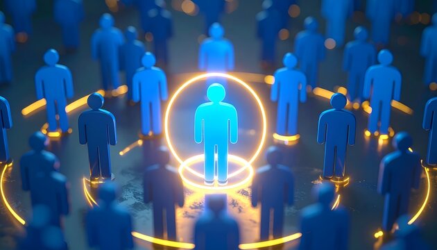 Bright blue human figure standing inside a glowing golden circle among a large crowd, symbolizing individuality, visibility, leadership, and personal recognition.