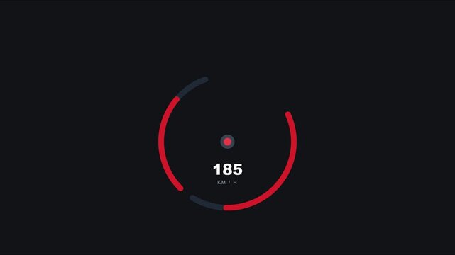 Minimalist digital speedometer gauge displaying 185 km/h speed motion animation 4k dashboard velocity