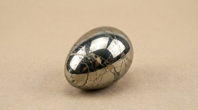 A polished egg shaped pyrite mineral stone isolated on a neutral background.