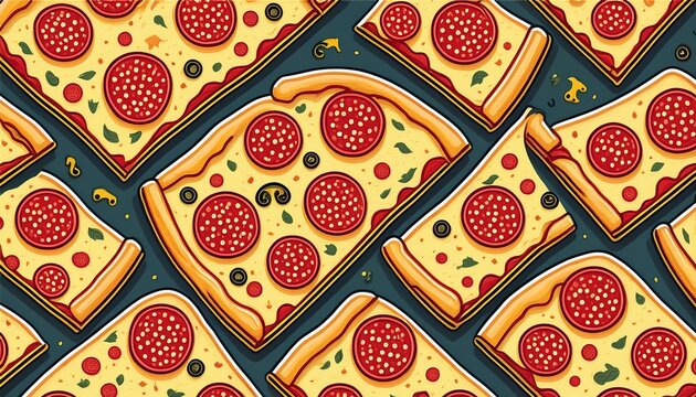 seamless pizza slice pattern with pepperoni cheese slices for fast food background and packaging design