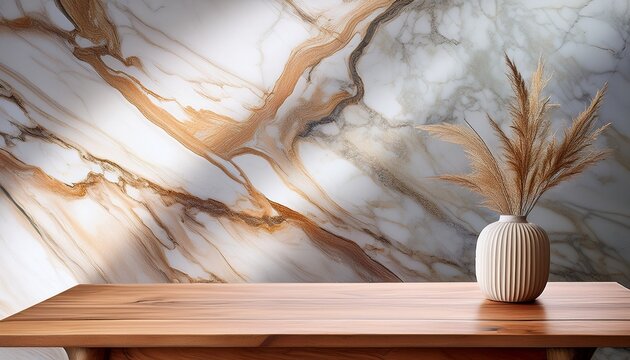 decorative wooden table and vase against marble wall background