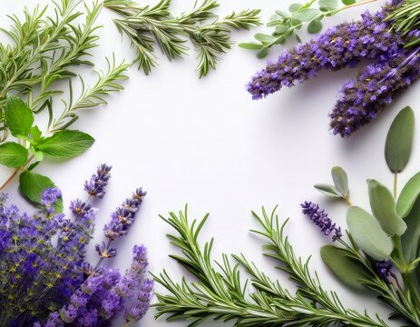 fresh aromatic herbs and lavender floral border on white background with copy space natural ingredients for wellness and aromatherapy