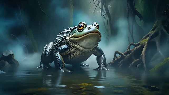 Giant textured toad sits perfectly still inside a misty enchanted swamp in this detailed high definition digital motion animation video