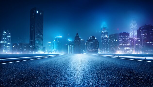 vibrant blue urban skyline at night foggy city street leading to illuminated skyscrapers