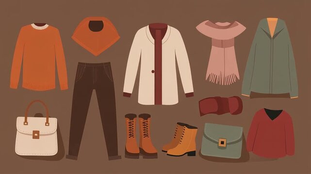 Autumn clothing flat lay animation showing diverse seasonal apparel accessories for modern style inspiration in this creative video design asset