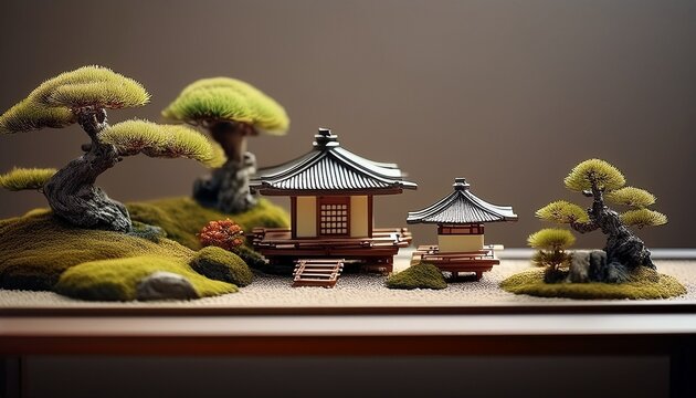 miniature japanese zen garden with house and bonsai trees