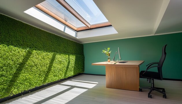 modern interior with skylight green fluted wall minimalist desk and natural light