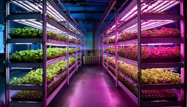 indoor vertical farm with hydroponic plants under led grow lights