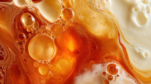 Amaretto almond liqueur mixing with cream, creating warm amber-orange swirls and bubbles. The colors blend in a smooth way.