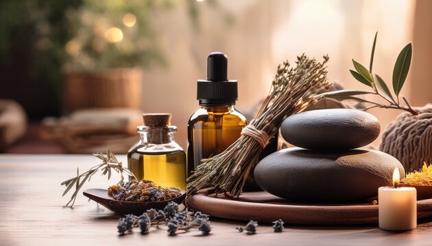 serene spa composition with essential oil zen stones and dried aromatic herbs