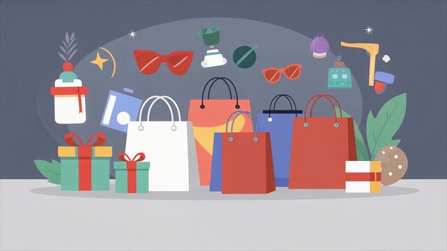 Shopping bags and gift boxes animation showing holiday sales consumerism with floating icons in this colorful digital motion design video