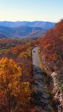 Car traveling on winding forest road during fall season. Vehicle driving through mountain woods under glowing autumn leaves.