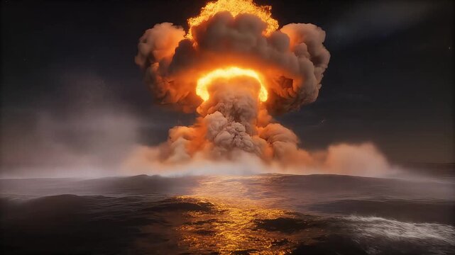 Massive nuclear mushroom cloud erupting over dark ocean waters with intense bright fire and rising smoke motion video footage animation