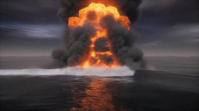 Massive explosive fireball erupting over dark ocean waves creating turbulent motion in this dramatic high quality cinematic digital video clip
