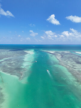 Aerial view over Whale Harbor Channel at Islamorada Sandbar in Islamorada in the Florida Keys.