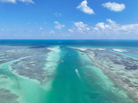 Aerial view over Whale Harbor Channel at Islamorada Sandbar in Islamorada in the Florida Keys.