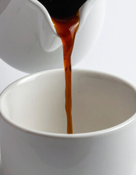 Hot coffee pouring into white cup under bright light with rich brown stream and visible ceramic texture