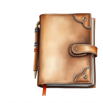 Vintage leather diary or notebook with pen isolated on black