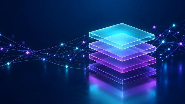 Glowing Glass Layers with Constellation Network Representing Data Architecture and Blockchain Technology