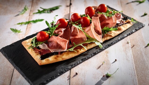 gourmet flatbread with prosciutto arugula cherry tomatoes and balsamic glaze for culinary presentation