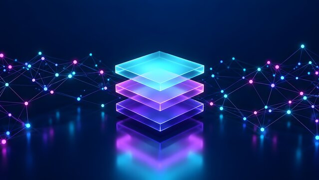 Stacked Glowing Digital Layers Surrounded by Network Nodes Illustrating Software Infrastructure