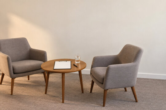 Two empty armchairs facing each other beside a small round table with a blank clipboard and a glass of water in a quiet interview waiting room