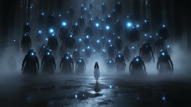 Young girl standing alone in dark forest surrounded by glowing blue ethereal spirits in this cinematic horror fantasy animation footage