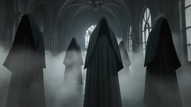 Dark hooded figures standing in a misty gothic cathedral motion footage animation creates a chilling atmosphere for cinematic horror projects