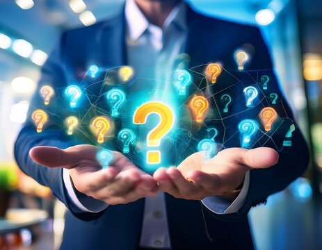 a broad view of a serene knowledge base guide concept softly glowing with bright question tags against a faceless backdrop defocused softly