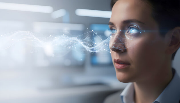 Close-up portrait of female engineer viewing digital industrial data interface, smart manufacturing, artificial intelligence and future Industry 4.0 technology