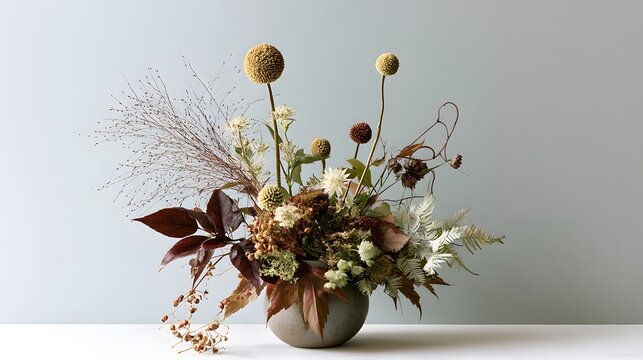A beautiful botanical arrangement of dried autumn flowers and foliage in a ceramic vase against a neutral wall. Ideal for interior design and seasonal decor concepts.