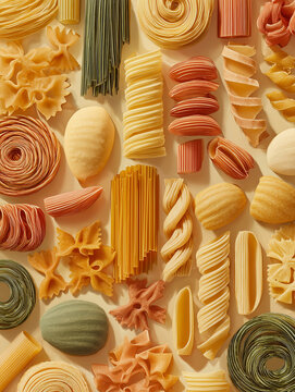 Collection of Italian pasta shapes. Designed for kitchen d&eacute;cor, restaurant interiors, menus, cookbooks, food packaging, culinary advertising & editorial projects. Hand-painted fine art aesthetic.