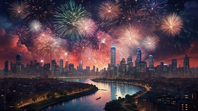 City Skyline Fireworks Celebration 4K Generative AI