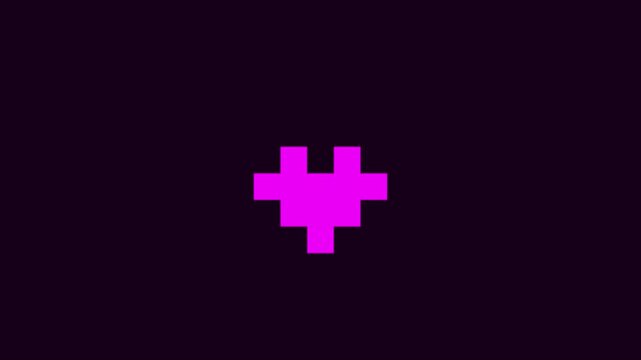 Neon pink pixel heart pulsing animation on dark 4k background, for retro gaming, and social media, love concepts