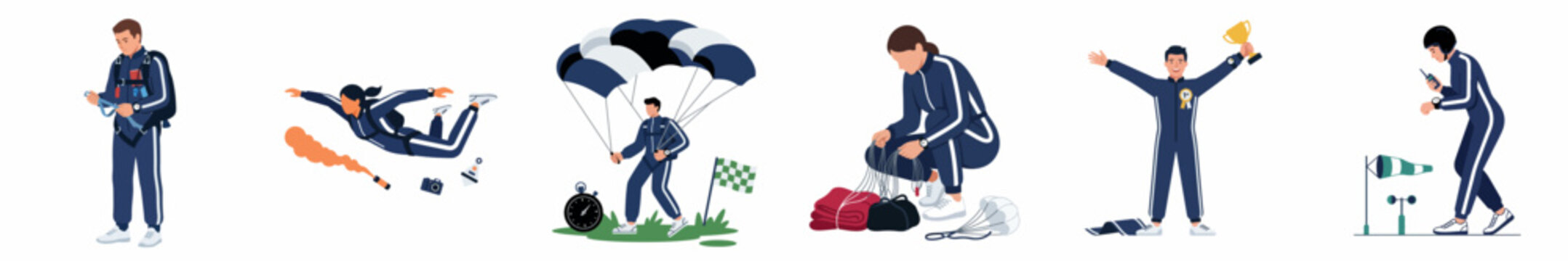 Set of flat vector illustrations of skydivers in various stages including preparation, freefall, landing, and celebration.