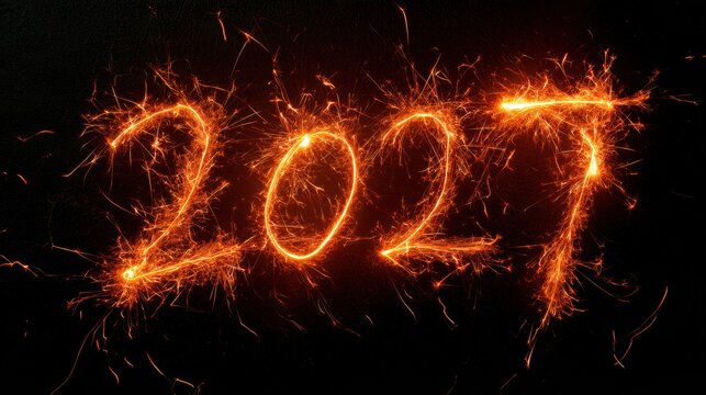 Long exposure captures sparkler writing displaying the year 2027 in a dark sky. A celebration of the New Year with glowing light trails.