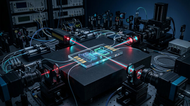 Optical microfluidic biochip with bioluminescent fluid in advanced automated diagnostic laboratory, precision biotech research and testing setup using red laser and sensors