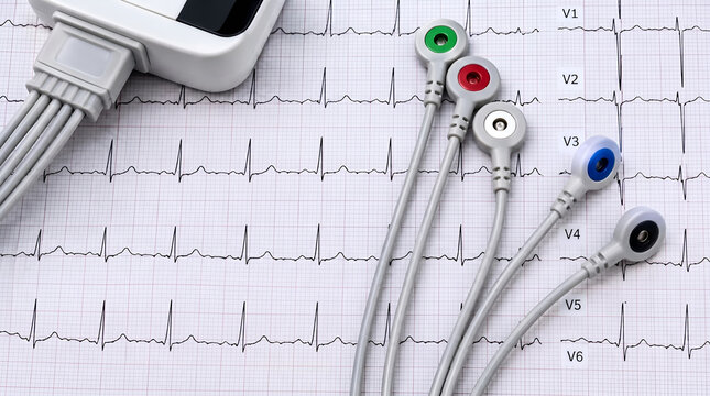 ECG machine leads and colored electrodes resting on a paper strip with printed electrocardiogram heartbeat waves for medical diagnosis and heart health monitoring