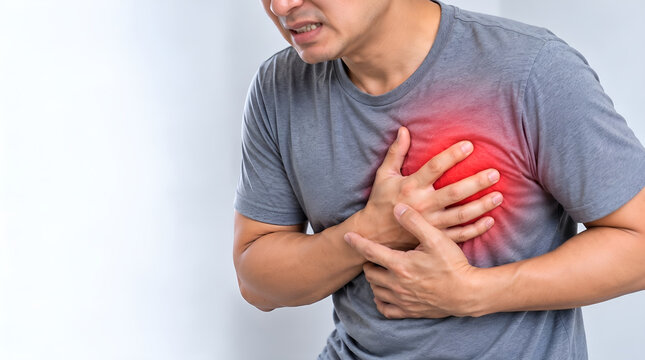 Man suffering from sudden chest pain and heart attack symptoms while holding his chest with both hands in a studio shot depicting a cardiovascular health emergency and medical distress